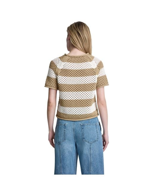 DKNY Blue Short Sleeve Raglan Stripe Pointelle Sweater