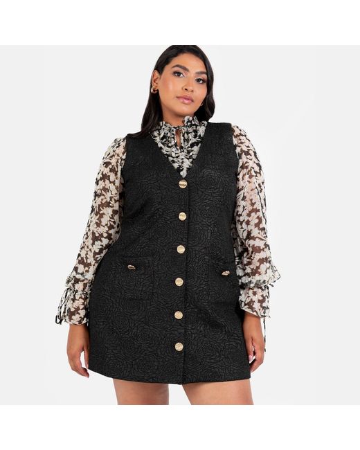 Lovedrobe Black Rose Jacquard Button Up Pinafore Dress