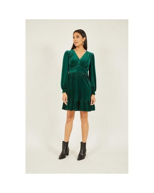 Mela London Green Velvet Long Sleeve Skater Dress