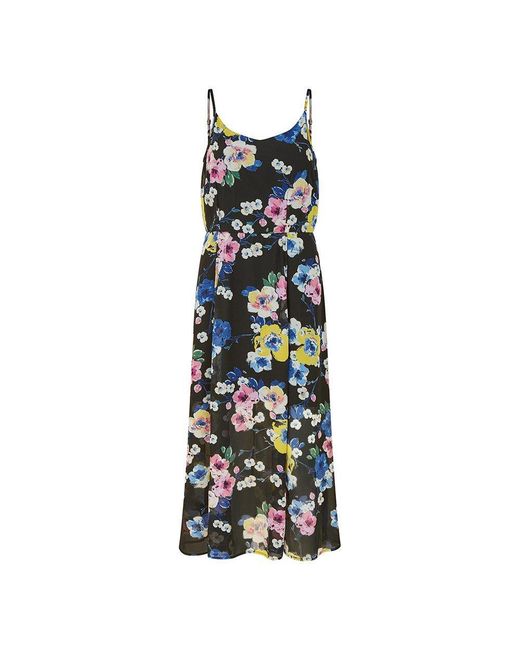 Yumi' Black Floral Strappy Midi Wrap Dress