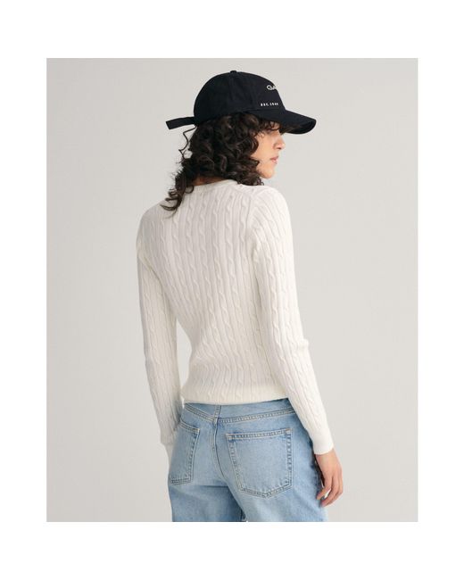 Gant White Stretch Cotton Cable Knit Crew Neck Sweater