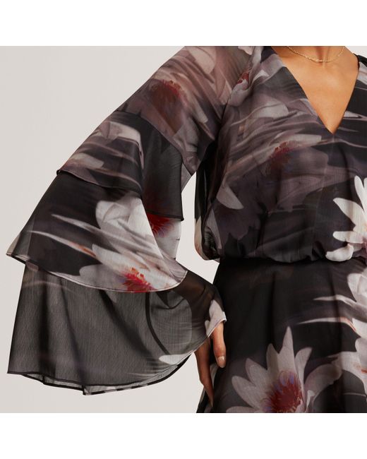 Ted Baker Black Lily Print Frilled Long Sleeve Mini Dress