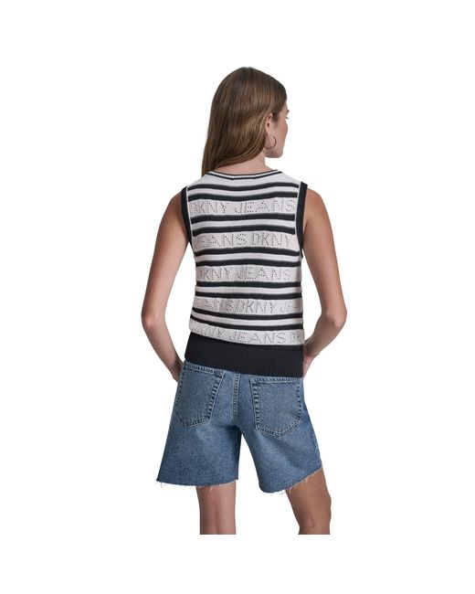 DKNY Blue Jeans Logo Pointelle Striped Sleeveless Sweater