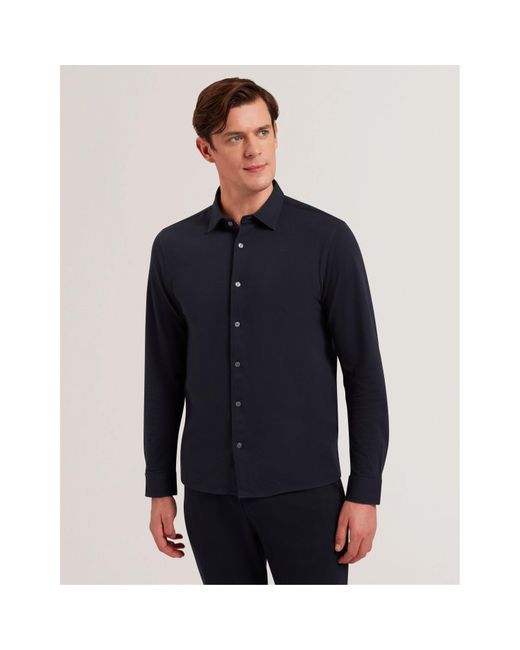 Ted Baker Blue Luckey Pique Long-Sleeve Plain Shirt for men
