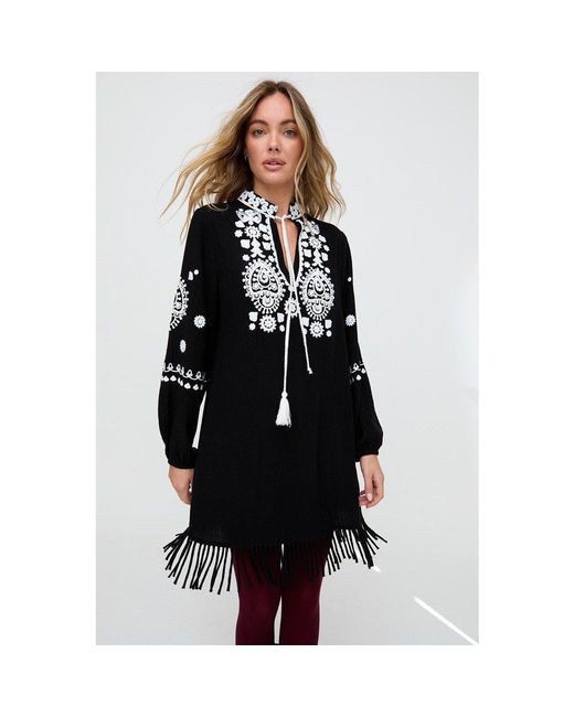 Raffya Black Katie Fringe Embroidered Mini Dress