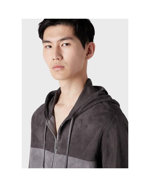 Emporio Armani Gray Suede Colourblock Hooded Jacket for men