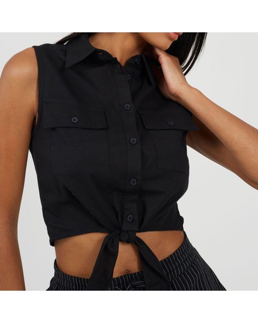Brave Soul Black Sleeveless Collared Top With Tie Detail