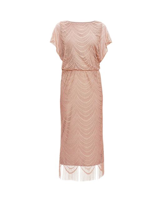 Gina Bacconi Pink Arleen Long Blouson Fringe Hem Dress