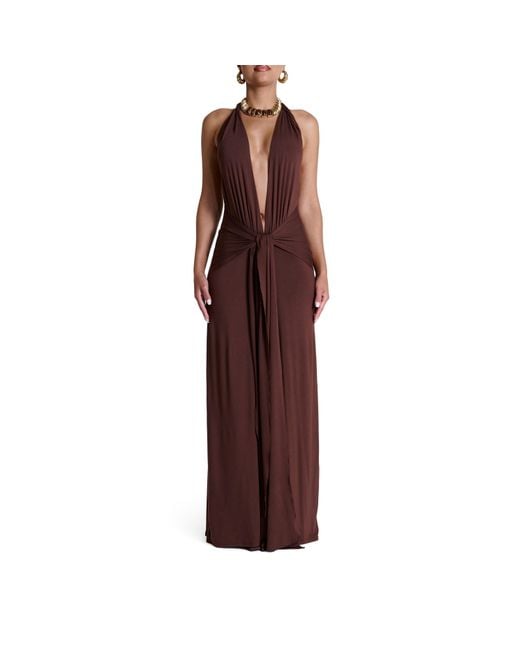 Naked Wardrobe Purple Smooth Halter Plunge Drape Tie Dress