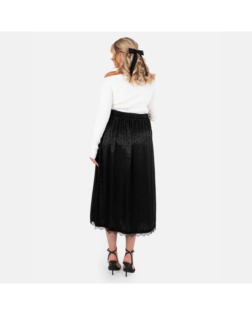 Lovedrobe Black Polka Dot Satin Skirt With Lace Trims