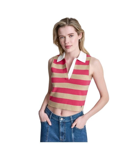 DKNY Red Striped Sleeveless Polo Sweater