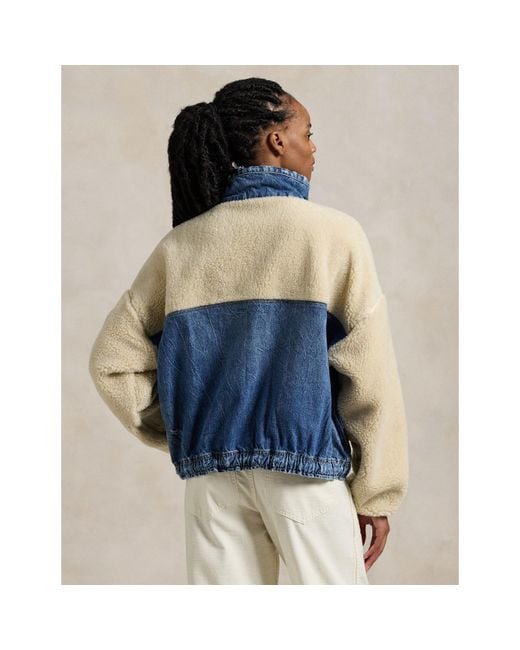 Polo Ralph Lauren Blue Fleece And Denim Funnel Neck Long Sleeve Oversized Fit Sherpa Jacket