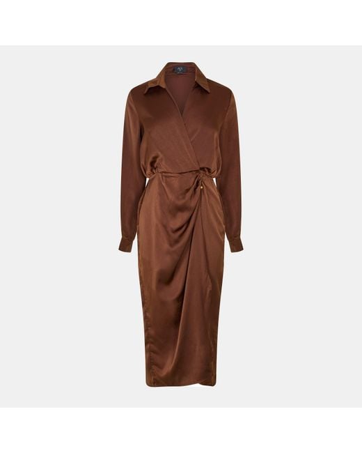 AX Paris Brown Chocolate Satin Wrap Shirt Midi Dress