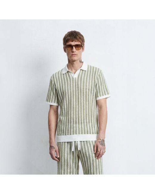 Twisted Tailor Multicolor Albie & Cream Stripe Cotton Crochet Polo for men