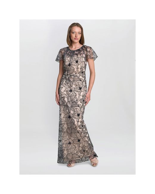 Gina Bacconi Gray Marie-Claire Floral Mesh Maxi Dress