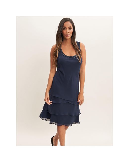 Gina Bacconi Blue Camira Lace Shoulder Tier Jacket Dress