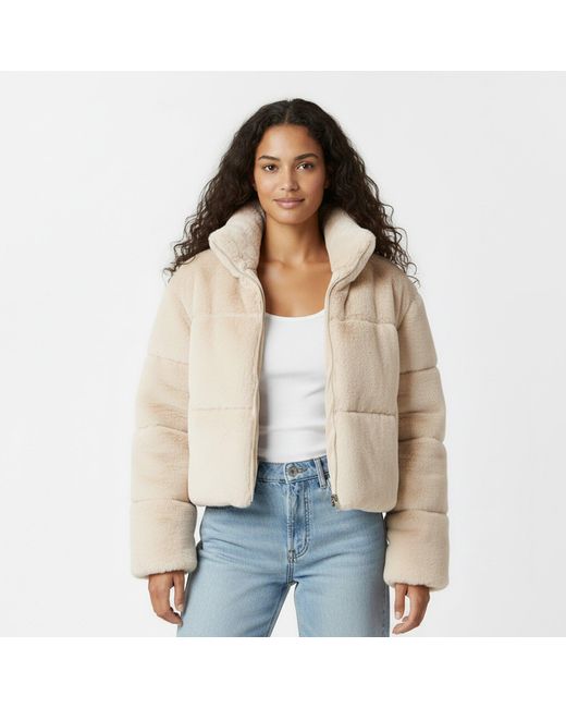 Jack Wills Natural Jw Fur Long Sleeve Short Puffer Jacket
