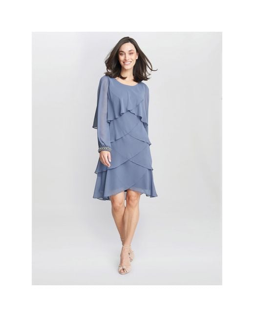 Gina Bacconi Blue Sakura Long Sleeved Tiered Dress