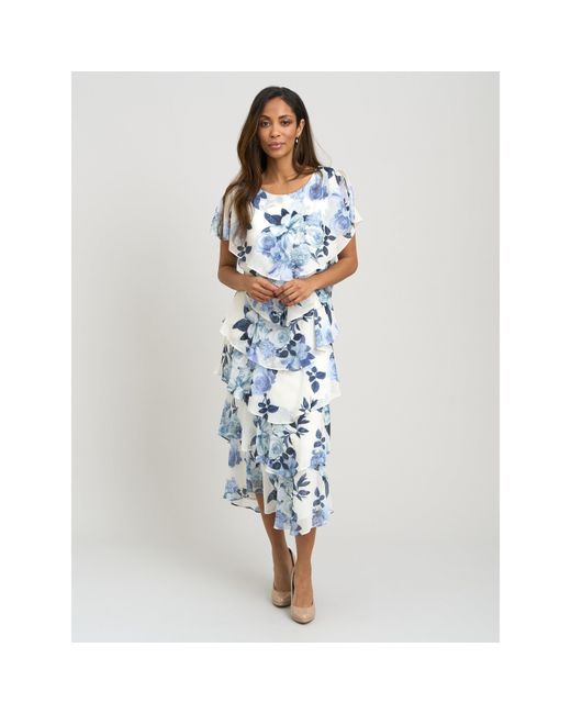 Gina Bacconi Blue Morgan Midi Printed Tiered Chiffon Dress