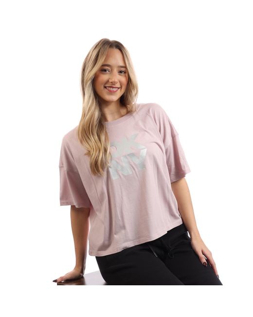 DKNY Pink Foil Logo Cropped T-Shirt