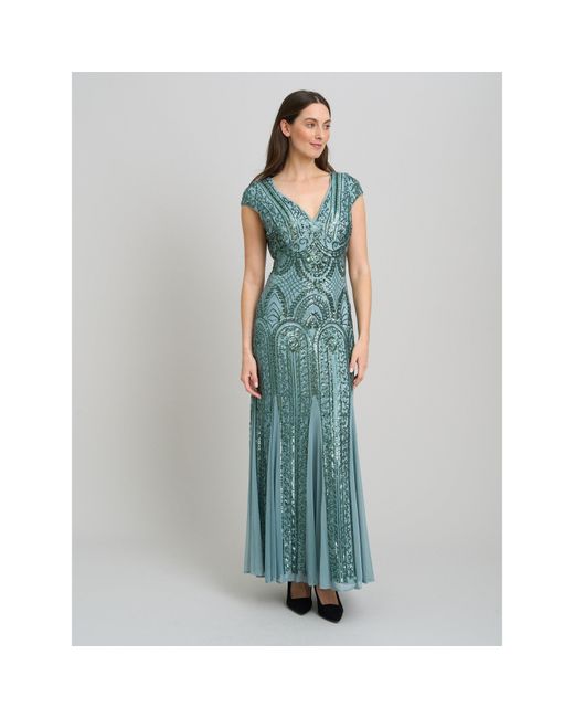 Gina Bacconi Blue Mimsy V Neck Beaded Maxi Dress
