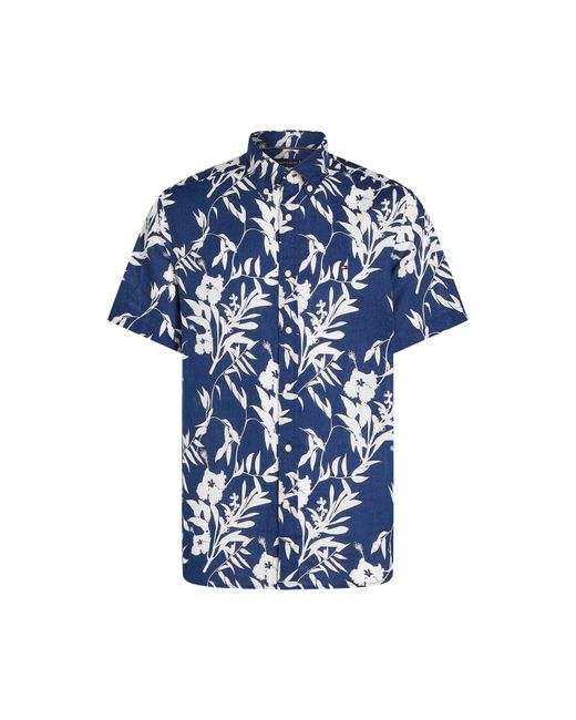 Tommy Hilfiger Blue Linen Tropical Print Short-Sleeve Patterned Shirt for men