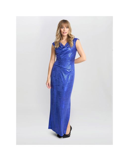 Gina Bacconi Blue Justina Foil Print Cowl Neck Maxi Dress