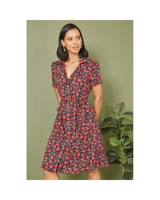 Yumi' Green Poppy Print Retro Shirt Dress