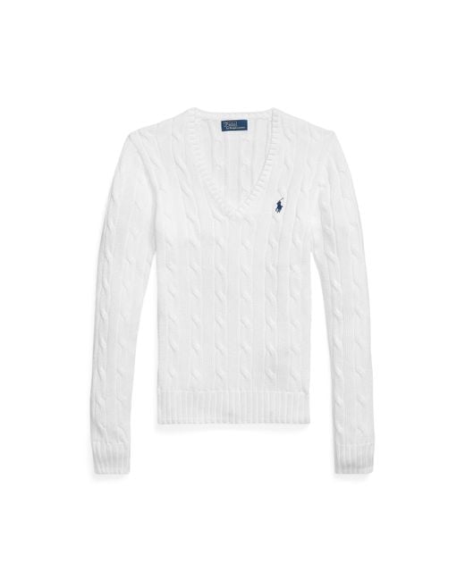 Ralph Lauren White Cable-knit Cotton V-neck Jumper