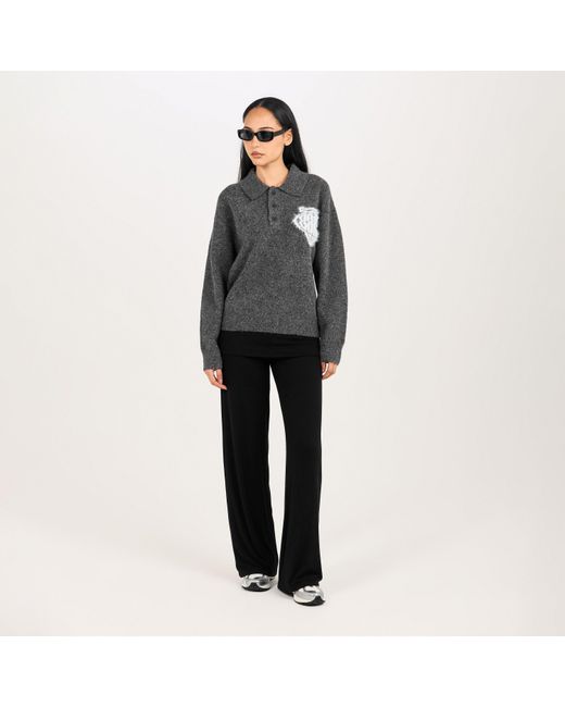The Couture Club Gray Fluffy Knitted Long Sleeve Polo Shirt