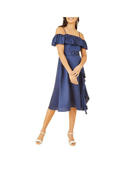 Yumi' Blue Bardot Satin Frill Belted Slip Dress