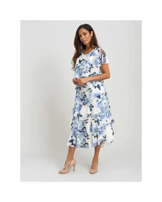 Gina Bacconi Blue Morgan Midi Printed Tiered Chiffon Dress