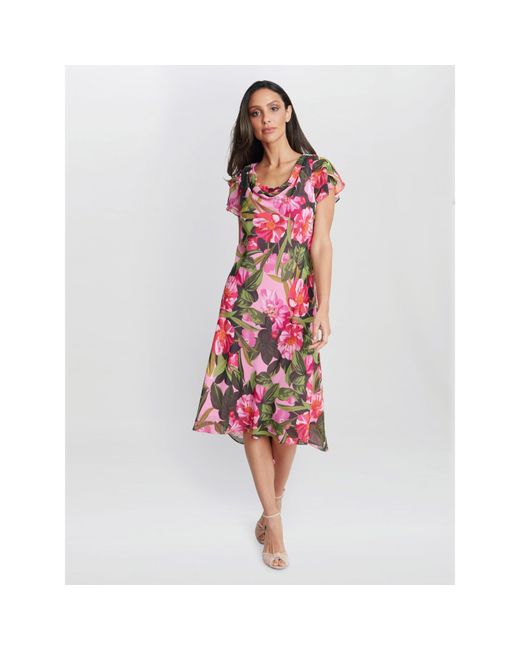 Gina Bacconi Red Ophelia Midi Printed Cowl Neck Dress