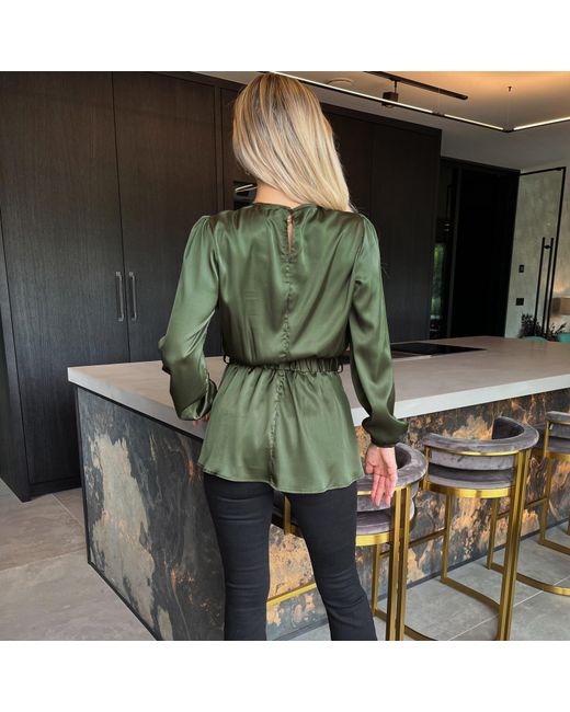 AX Paris Green Satin Long Sleeve Detail Belt Top