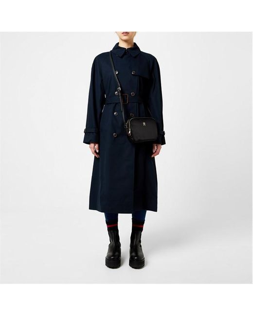 Tommy Hilfiger Black Peached Cotton Long Trench Coat