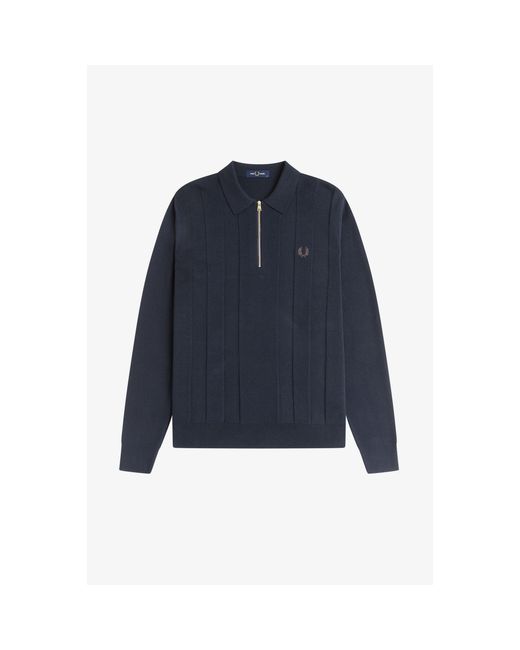 Fred Perry Blue Lsknit Zipped Crew Neck Jumper for men