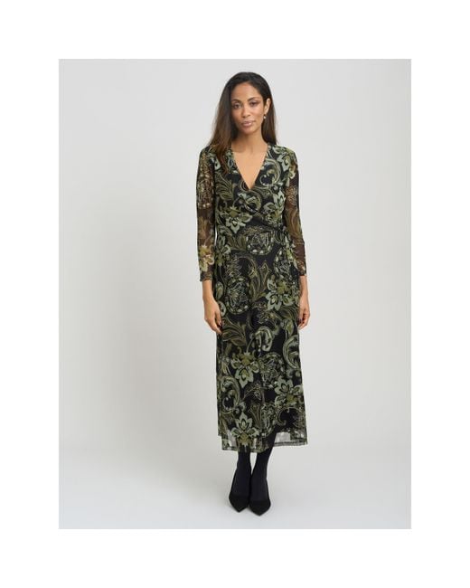Gina Bacconi Green Chestina Print Mesh Wrap Midi Dress