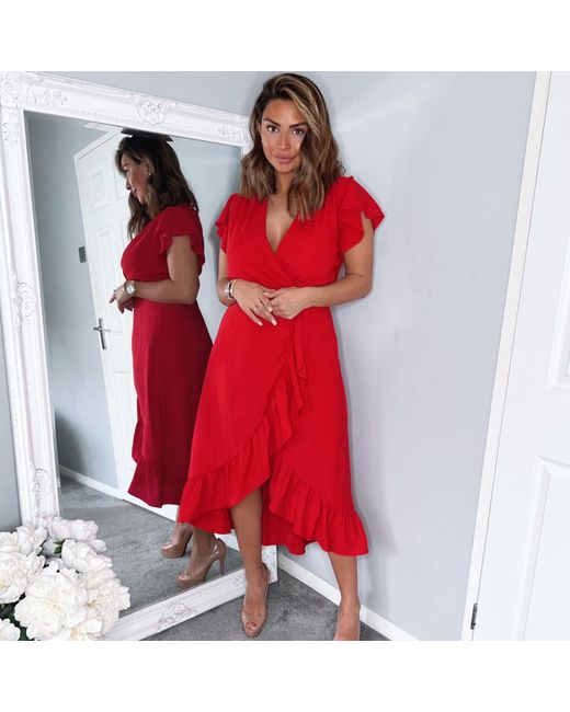 AX Paris Red Wrap Over Frill Hem Short Sleeve Midi Dress