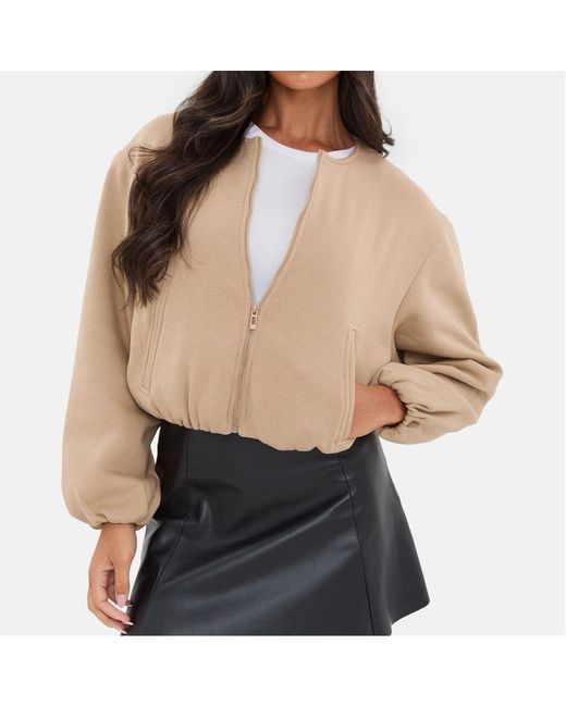 I Saw It First Gray Bubble Hem Long Sleeve Bomber Jacket