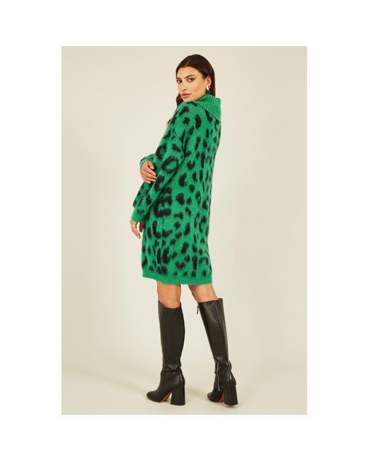 Yumi' Green Animal Roll Neck Knitted Dress