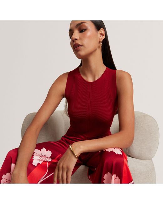 Ted Baker Red Knit Bodice Floral Printed Trouser Jumpsuit