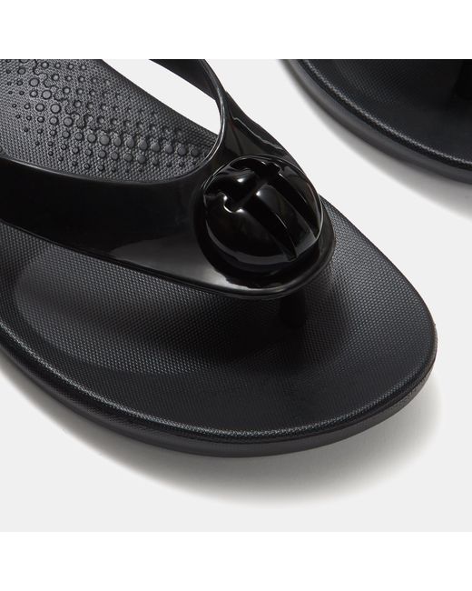 Fitflop Black Iqushion Glossy-Button Flip Flops