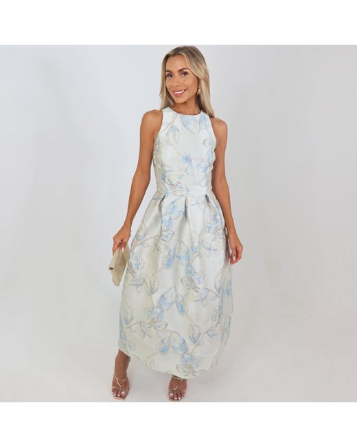 AX Paris White Floral Jacquard Racer Neck A-Line Midi Dress