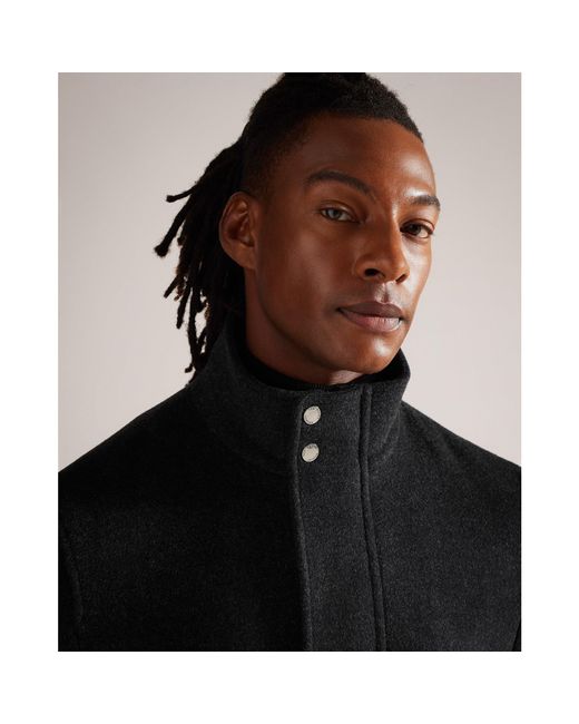 Ted Baker Black Funnel Neck Overcoat for men