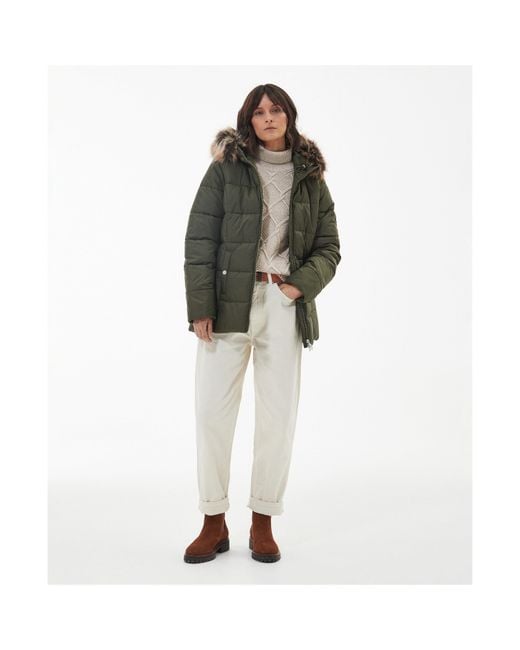 Barbour Green Midhurst Quilted Faux Fur Hood Short Puffer Jacket