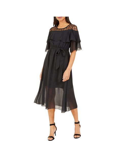 Yumi' Black Lace Frill Midi Dress