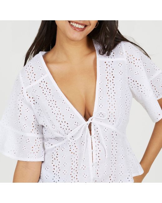Brave Soul White Bs Broderie Anglaise Short Sleeve Shirt With Front Tie Detail