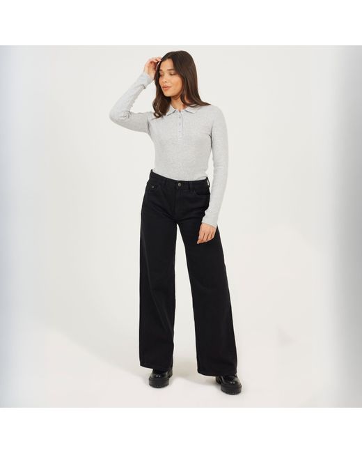 Brave Soul Gray Bs Long Sleeve Ribbed Top With Collar