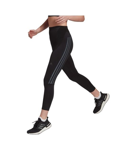 Adidas Black Run Icons 3 Stripe 7/8 Running Tights