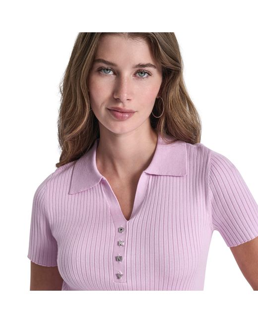 DKNY Purple Jeans Short Sleeve Rib Polo W/ Logo Rhinestone Buttons
